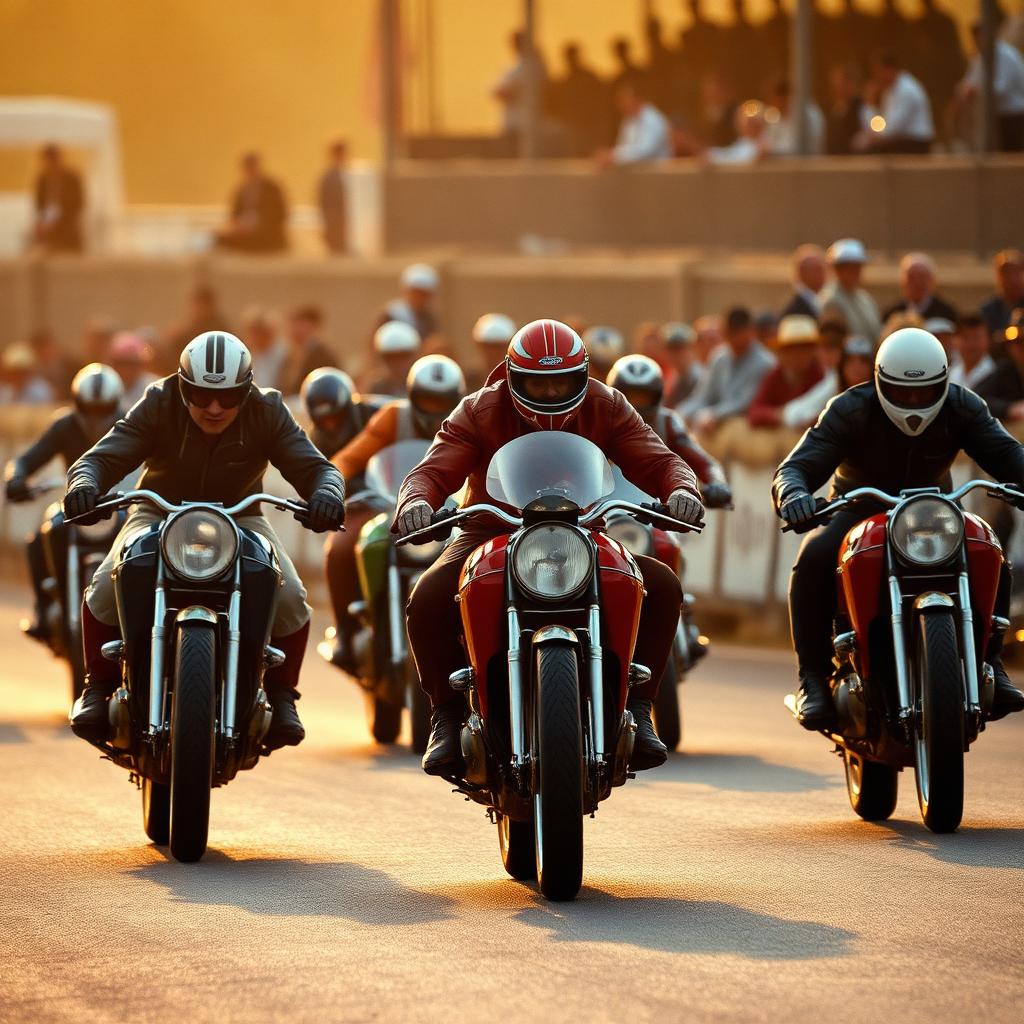 Classic pre-1966 motorcycles racing at the Goodwood Revival in golden light