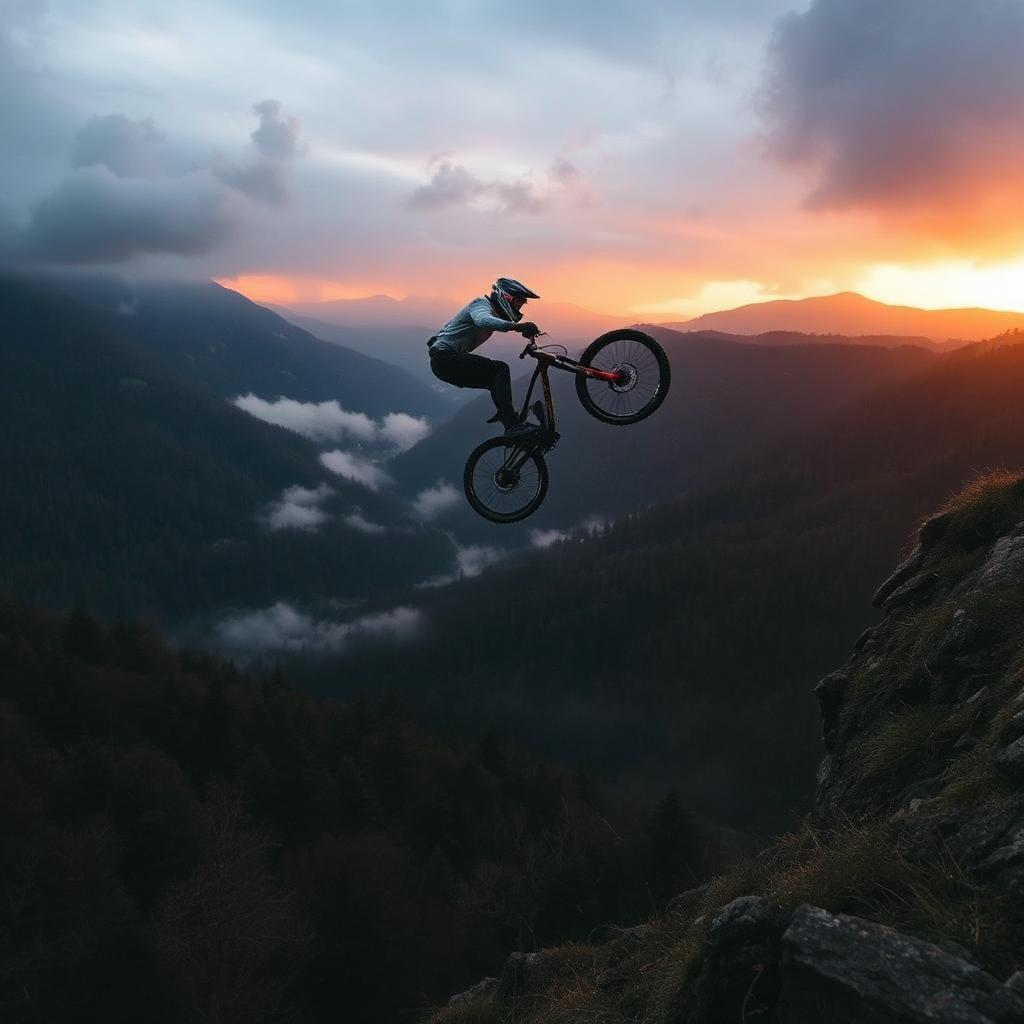 Downhill mountain biker mid-air over a huge gap jump above the Dyfi Valley