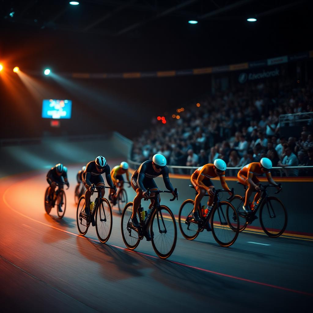 Track cyclists racing on the Lee Valley VeloPark under stage lights
