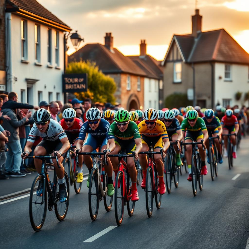 Peloton of Tour of Britain riders sprinting through a British village