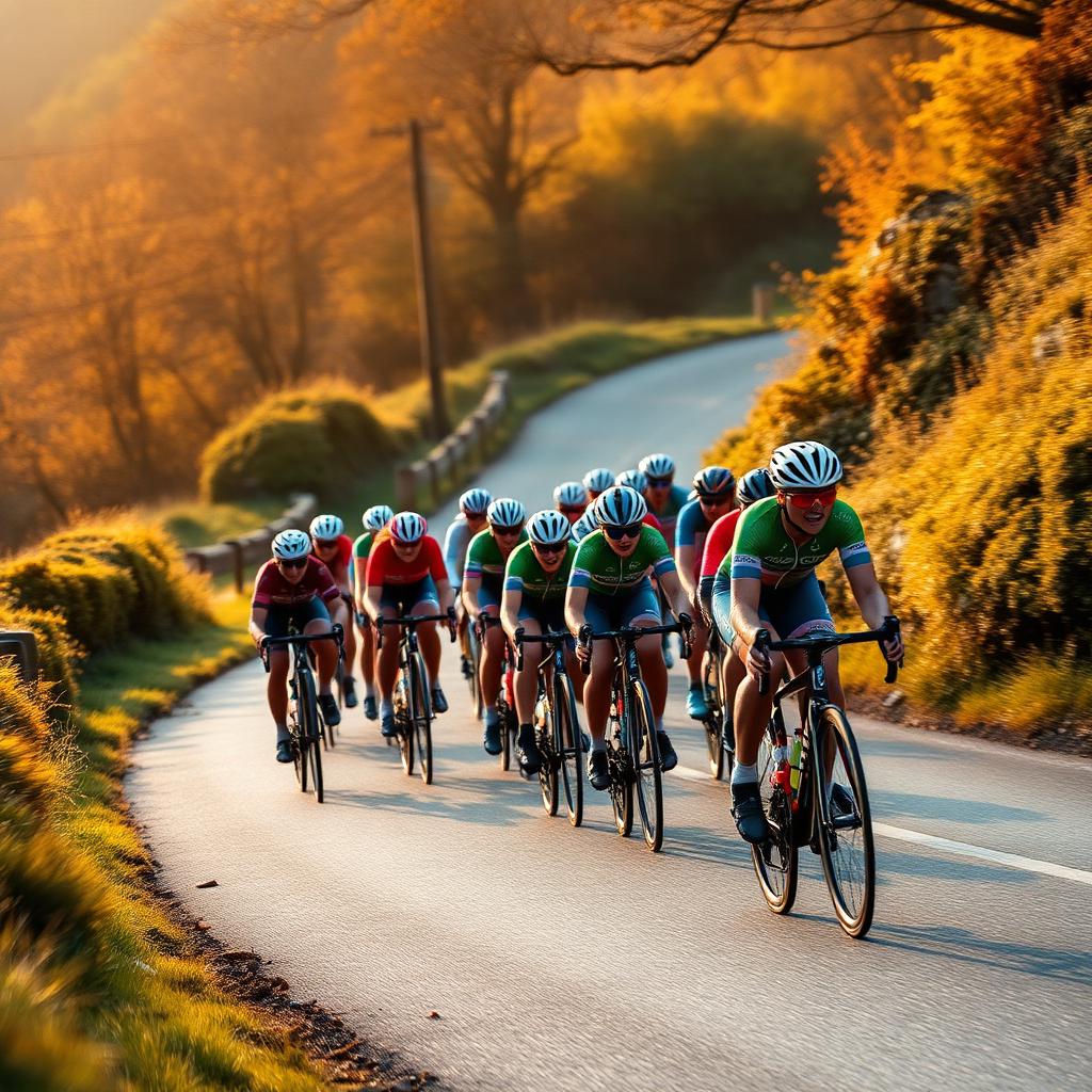 Women's professional peloton climbing an autumn British country road